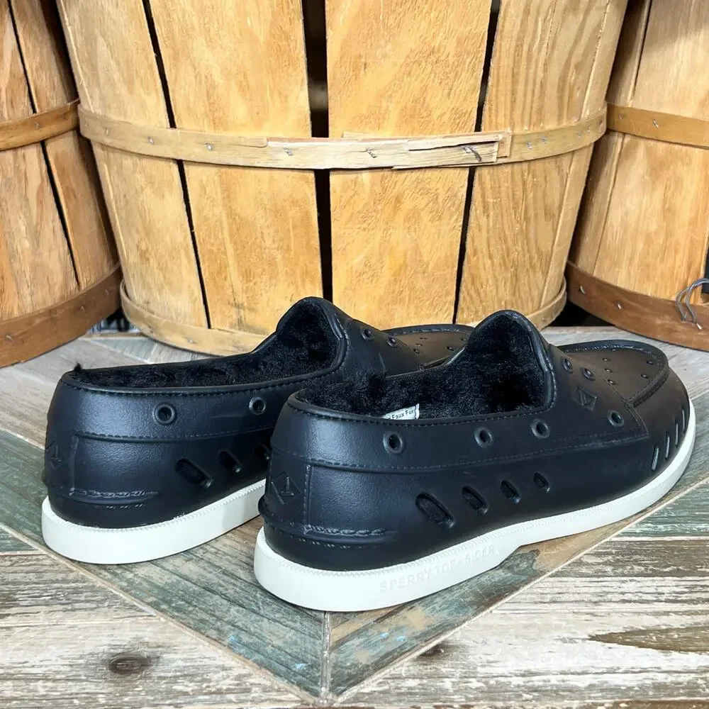 Sperry A/O Float Cozy Black Rubber Faux Fur Lined Slip-On Boat Shoes Men Size 10